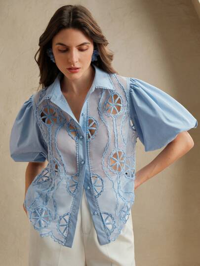 Anewsta 女士优雅短袖衬衫，激光切割花卉泡泡袖衬衫