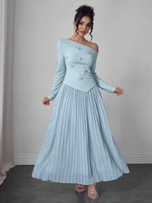 Modelyn 2件套女士套装：斜肩串珠花朵衬衫和褶皱雪纺裙，春夏 - 淺藍色 - 查看 5