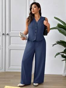 SHEIN Frenchy Elegancki i swobodny zestaw kamizelki, koszuli i spodni z prostymi nogawkami w dużym rozmiarze, 2 sztuki letniego stroju. Letnie stroje dla kobiet.