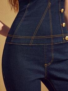 SHEIN Frenchy 女士前扣露背抹胸牛仔连身裤 - 藍色 - 查看 4