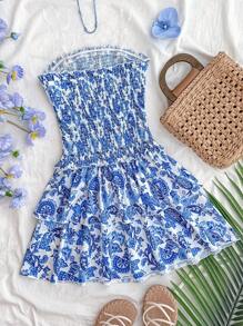 SHEIN Teen Girls' Blue Floral Print Ruched Elastic Bandeau A-Line Dress With Layered Ruffle Hem, Suitable For Vacation, Beach, Daily Wear In Spring & Summer - Blue and White - View 2