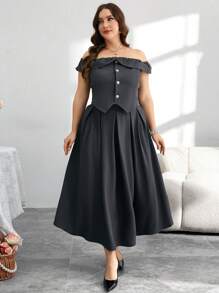 Modelyn Conjunto de 2 piezas de talla grande con hombros descubiertos, estilo romántico para primavera/verano - Gris Oscuro - Ver 4