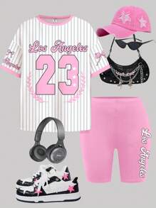 SHEIN Tween Girls' Casual Loose Set: Bowknot & Striped Letter Print Bright Pink Ballerina Graphic Crew Neck Short Sleeve T-Shirt & Shorts, Summer