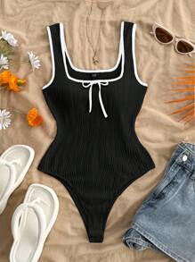 Soleia 蝴蝶结针织紧身衣，优雅度假休闲弹力修身紧身衣，拼色设计，百搭 - 黑色 - 查看 5