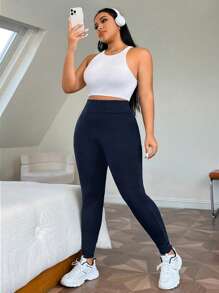 SHEIN EZwear 大码纯色高腰无缝紧身裤，带侧袋 - 藏蓝色 - 查看 3