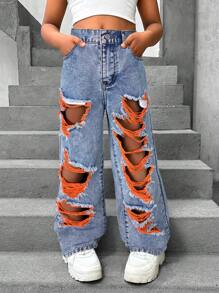 SHEIN Tween Girls' Loose Fit Distressed Pocket Wide Leg Casual Versatile Jeans - Red Violet - View 1