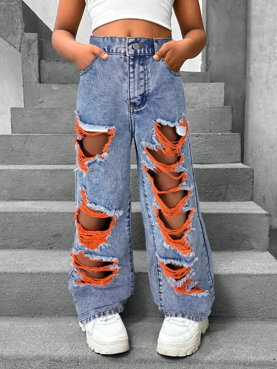 SHEIN Tween Girls' Loose Fit Distressed Pocket Wide Leg Casual Versatile Jeans - Red Violet - View 1