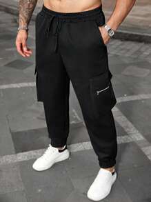Manfinity Homme Calça cargo casual masculina plus size, cor sólida, com zíper e aba, bolso - Preto - Ver 2
