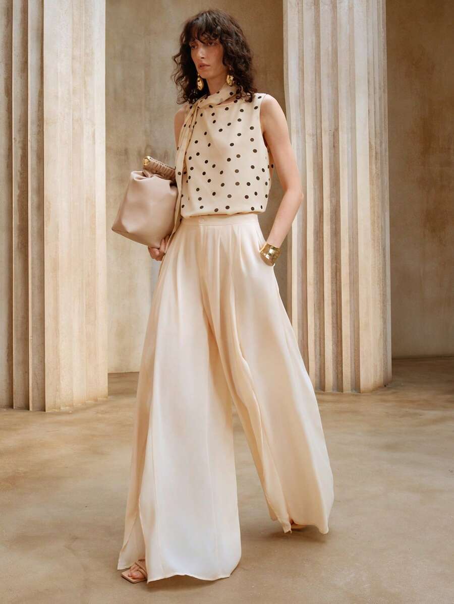 Aveloria 女士荷叶边高腰阔腿宽松休闲纯色裤