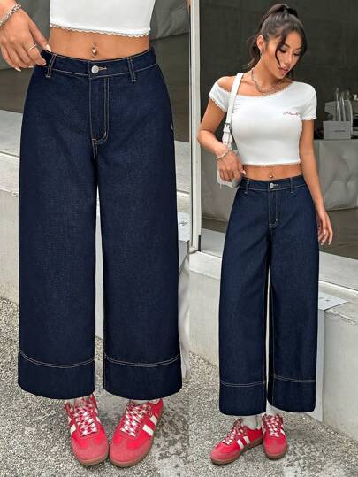 SHEIN PETITE Women's Raw Jeans Low-Rise Cropped Trousers Comfortable Lightweight Denim For Summer Dark Blue Bermuda Shorts