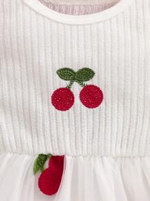 Infant/Toddler/Baby Girl 2Pcs Set: Red Knit Cardigan & White Strawberry Embroidered Mesh Dress, Cute & Elegant Style, Suitable For Spring, Summer, Autumn Seasons, Great For Outings, Parties - Red - View 5