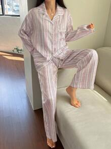 DAZY Striped Print Satin Shiny Loose Pajamas Set - Pink - View 3