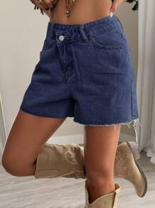 DAZY Women's Slant Edge Waist Fringe Street Fashion Casual Denim Shorts, Summer Low Rise Jeans