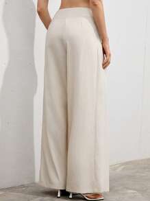 Femmeiva Beige Autumn Modest Vacation Holiday Women's Faux Linen High Waist Wide Leg Palazzo Pants,Luxurious Old Money Design Feminine Commuter Smart Trousers - Apricot - View 6