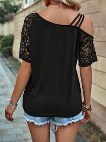 SHEIN LUNE Women's Asymmetrical Neckline Contrast Lace Short Sleeve T-Shirt, Summer - Black - View 2