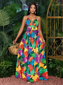 SOLERSUN 女式休闲假日深 V 领露背褶饰开衩大腿长裙，带植物印花 - 彩色 - 查看 5