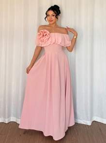 Selianne Women's One Shoulder Ruffle Chiffon A-Line Pleated Elegant Dress - Pink - View 1