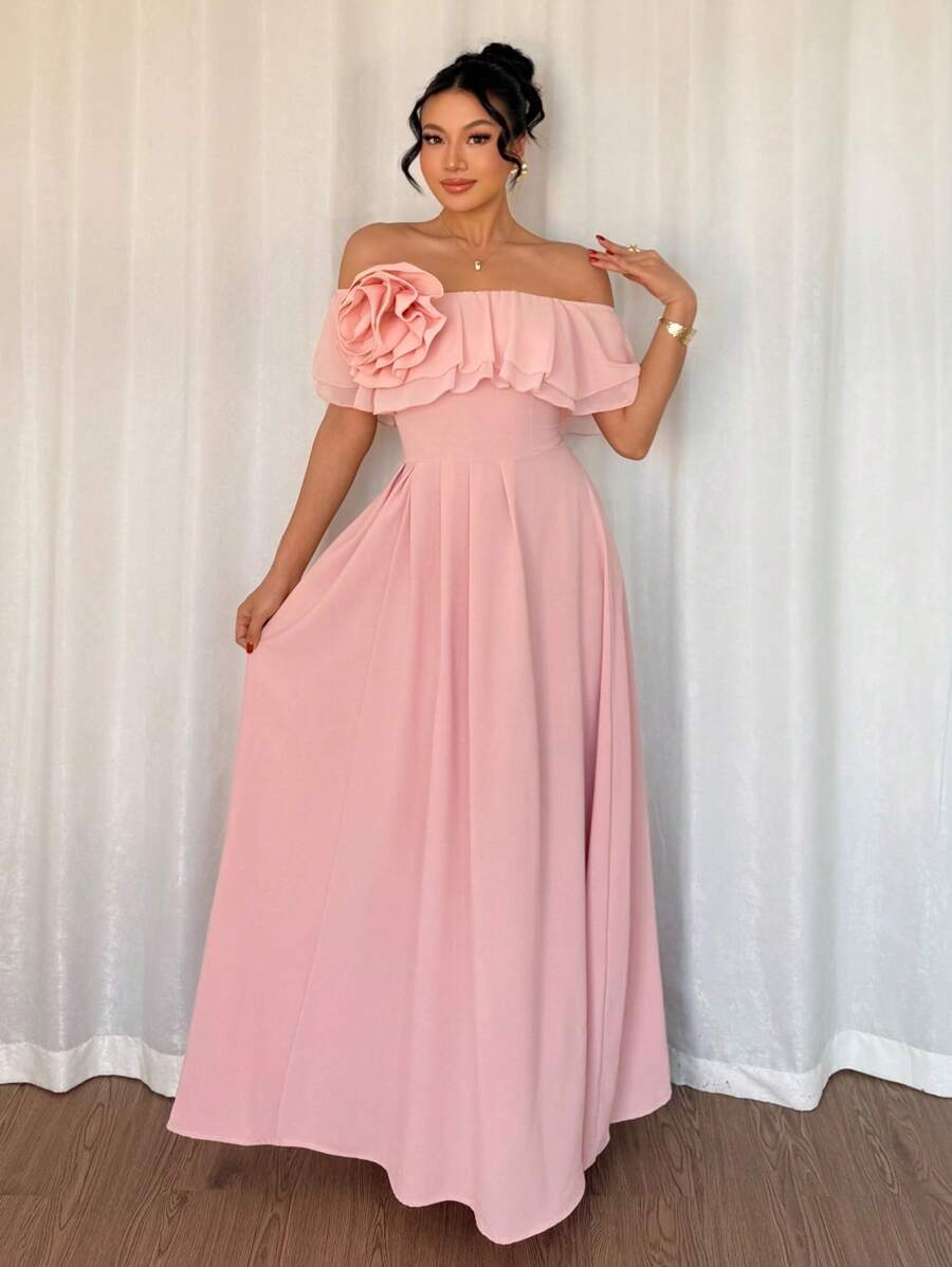 Selianne Women's One Shoulder Ruffle Chiffon A-Line Pleated Elegant Dress - Pink - View 1
