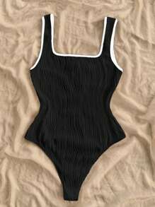 Soleia 蝴蝶结针织紧身衣，优雅度假休闲弹力修身紧身衣，拼色设计，百搭 - 黑色 - 查看 2