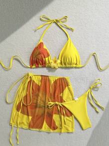 Soleia 3pcs/Set New Vacation Knitted Mesh Yellow Patterned Swimsuit Set - Multicolor - View 3