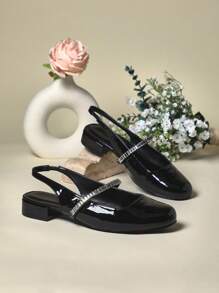 SHUZIA Women Fashion Daily Versatile Rhinestone Decor Sling Pumps - Black - View 3