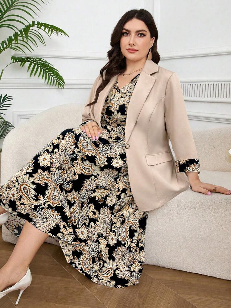 Modelyn Plus Size Women's Elegant Paisley Print V-Neck Sleeveless Dress & Blazer Suit Set Winter Fall Autumn - Multicolor - View 3