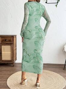 SHEIN 情人节秋季女士优雅大理石印花褶皱长袖紧身孕妇装 - 綠色 - 查看 2
