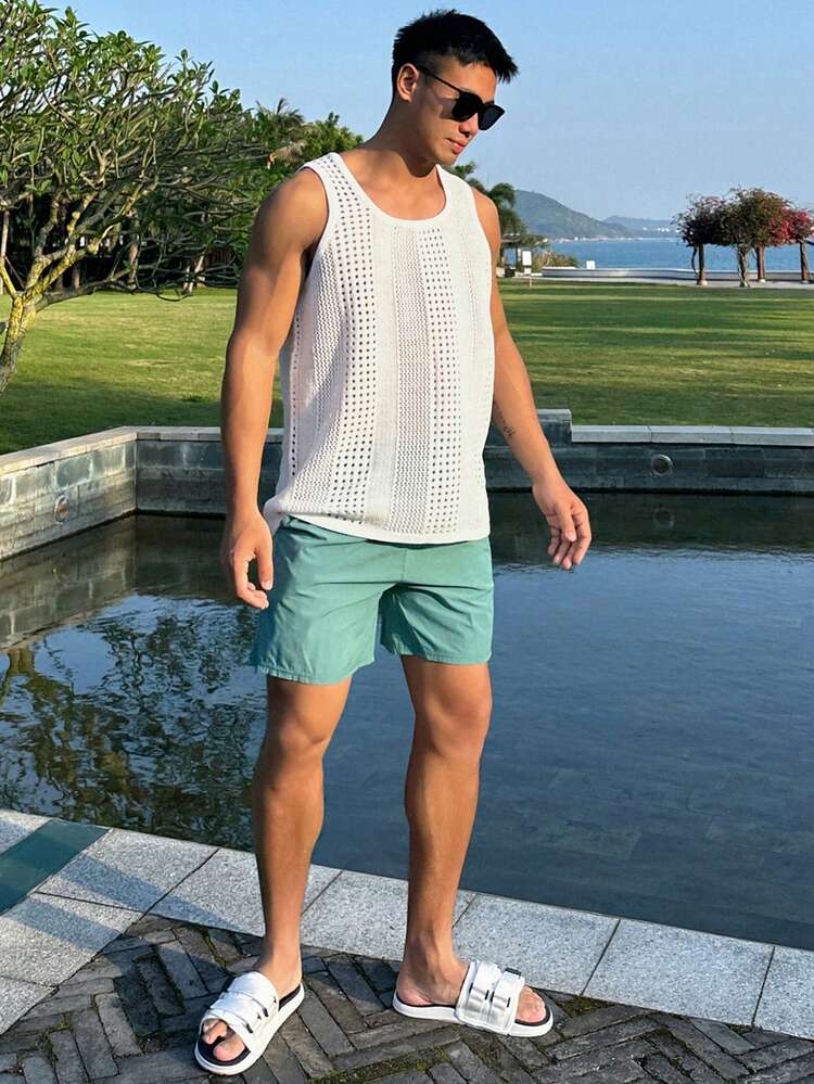 Men's Solid White With Striped Hollow-Out Knit White Tank Top, Summer