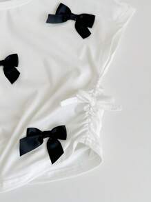 SHEIN LMoss Kids Babygirl 可爱休闲百搭针织白色蝴蝶结短袖衬衫，夏季 - 白色 - 查看 4