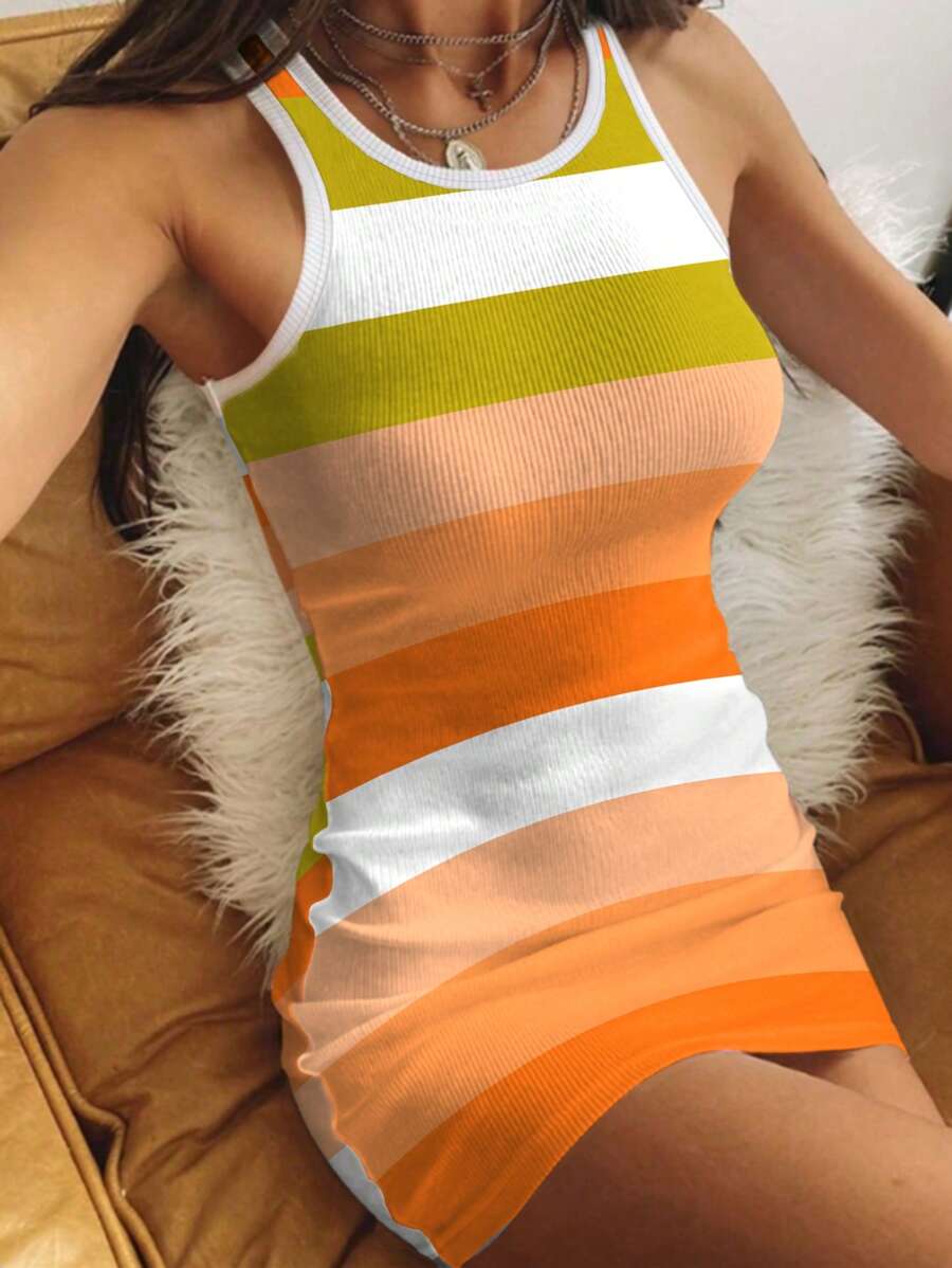 INAWLY Vestido corto ajustado sin mangas con bloques de color y rayas estilo casual de verano para mujeres - Naranja - Ver 1