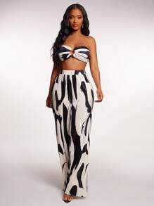 Radiana 2 件套抽象笔触印花褶饰纹理系带抹胸上衣和高腰阔腿裤，休闲度假、约会、街头、通勤、春夏