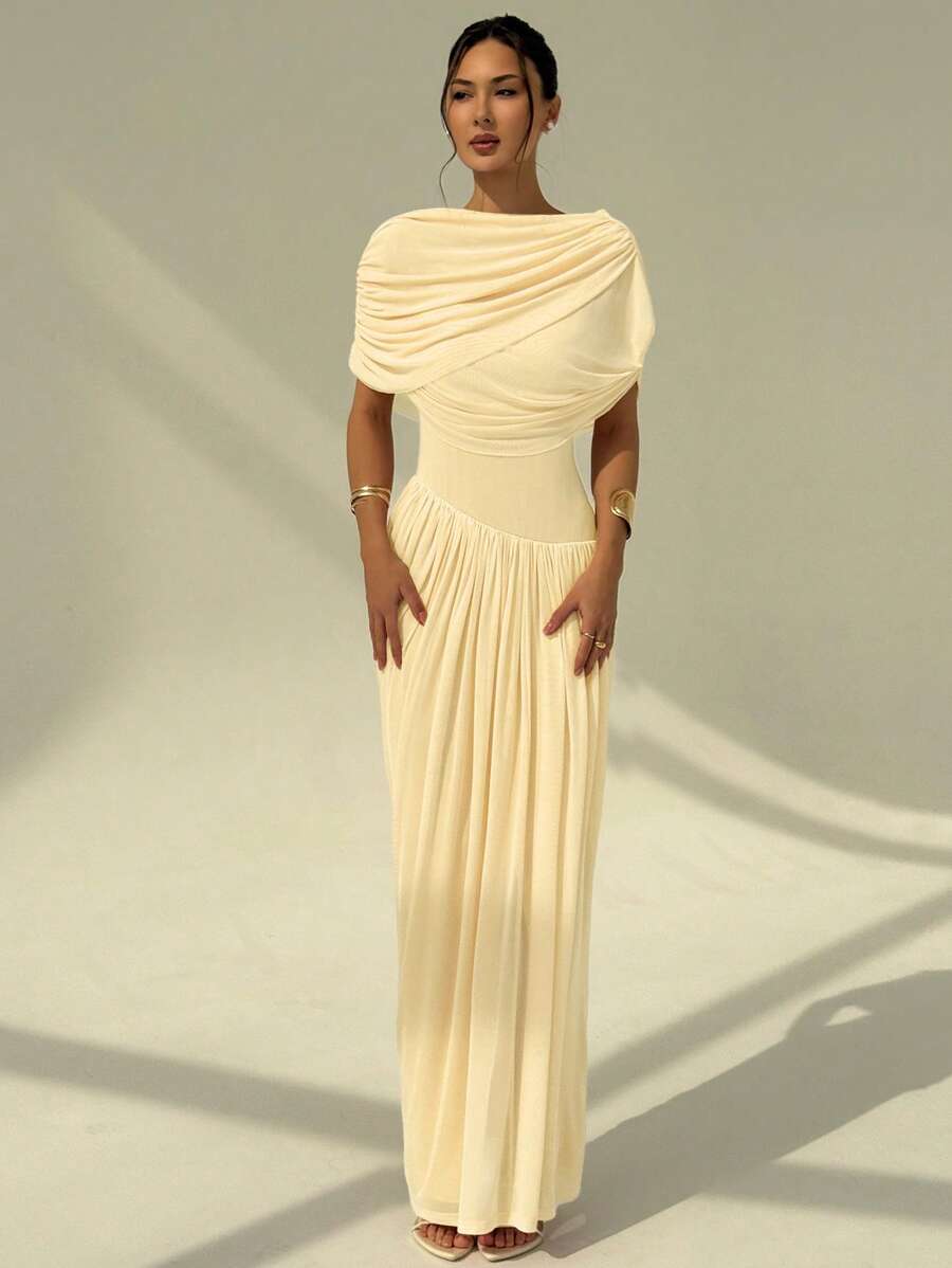 Aloruh Women's Solid Color Short Sleeve Waist-Cinched Elegant Off Shoulder Long Dress - Apricot - View 1