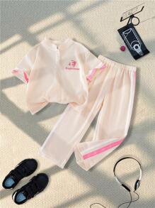 SHEIN Explorewe 2pcs Young Girl Casual Daily Short Sleeve Polo Shirt And Long Pants Set - Apricot - View 9