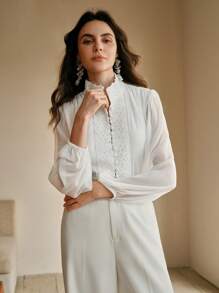 Anewsta 女士雪纺蕾丝拼布白色衬衫，新款优雅长袖衬衫，适合春季、节日、假日、度假、海滩、优雅 - 白色 - 查看 5