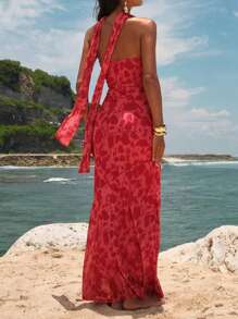 SHEIN VCAY Vestido de verano sexy para tallas grandes con estampado completo, escote halter y cintura ceñida