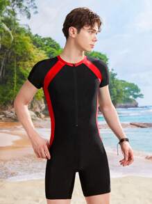 SHEIN Leap Crew 青少年男童两件套拼色短裤和防晒衣泳衣套装，适合海滩、冲浪、游泳、夏季 - 紅色 - 查看 9