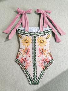 Soleia 女士热带花卉印花吊带交叉蝴蝶结连体泳衣，适合海滩 - 粉色 - 查看 2