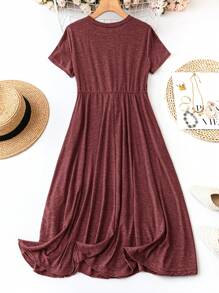 SHEIN LUNE Plus Size Women Summer Solid Color Round Neck Short Sleeve Waist Tie Casual Dress,Sun Dresses For Women,Sundress