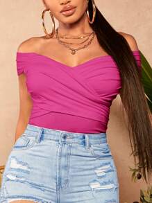 SHEIN SXY Áo thun xoắn phía trước hở vai màu đen cỡ lớn cho nữ, mùa xuân/hè - Màu Hồng Tươi - Xem 1