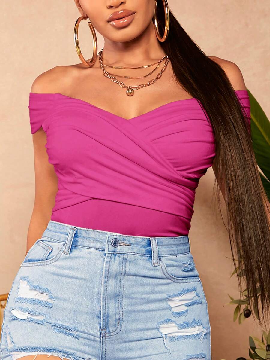 SHEIN SXY Áo thun xoắn phía trước hở vai màu đen cỡ lớn cho nữ, mùa xuân/hè - Màu Hồng Tươi - Xem 1