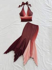 Soleia Women Two Pieces Outfits For Daily Wear Sunset Colors Outfit Pleated Skirt Set Mermaid Outfit Women Beach Dinner Outfit Dress Beach - Multicolor - View 6