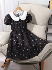 Girls' Stylish Printed Bow Decor Cocktail Dress For Party, Graduation Ceremony, Summer - Black - View 7