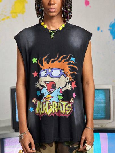 Nick 90's X ROMWE Camiseta de tirantes con estampado de dibujos animados lavada en nieve para hombre, apta para uso diario