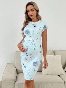 SHEIN Maternity Sun Dress Floral Print Tie Waist Bodycon Midi Dress For Casual/Holiday Wear - Blue - View 5