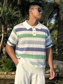 DAZY Men's Three-Quarter Button Up Striped Knit Summer Vacation Beach Blouse - Multicolor - View 6