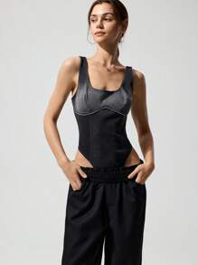 Menodora SHEIN Sport Body de punto liso informal para mujer, ajuste ceñido y hombros descubiertos - Negro - Ver 6