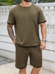 Manfinity Homme 大码男士纯色圆领短袖T恤和短裤套装，休闲百搭 - 軍綠色 - 查看 1