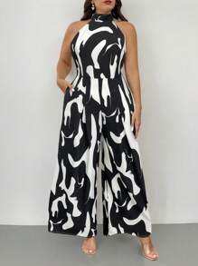 Firerie Plus Size Women's Elegant Holiday All-Over Print Sling Pocket Wide Leg Jumpsuit/Valentine's Day/Concert/Performance Costumes/Dating/Senior Banquet/Dance/Wedding Season/Sexy/Elegant/Commuting/Back To School Season/Vacation/Beach/Elegant Romance/Office Enchantress/Siren Style/Birthday Party Outfits/Boho