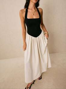 Poéselle 黑白撞色连衣裙，露背连衣裙，长裙，节日连衣裙，1 件女士露背撞色连衣裙，优雅无袖，适合日常穿着、外出、通勤、度假、约会等场合 - 彩色 - 查看 1