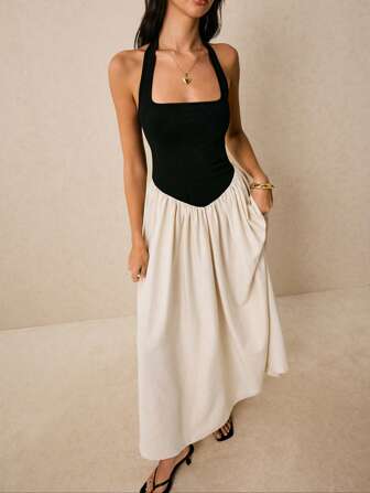 Poéselle 黑白撞色连衣裙，露背连衣裙，长裙，节日连衣裙，1 件女士露背撞色连衣裙，优雅无袖，适合日常穿着、外出、通勤、度假、约会等场合